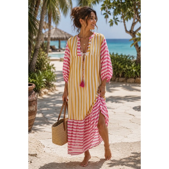 Sunshine Tienda Dresses & Skirts - NWT Sunshine Tienda Copa Dress Mustard Pink Striped Cotton Maxi M/L